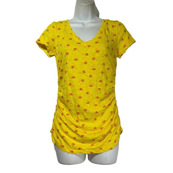caslon yellow orange palm tree printed Ruched v neck fitted blouse shirt Size M - Picture 1 of 8